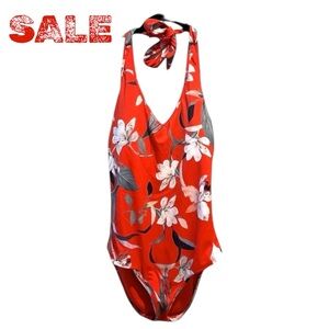 Athleta Waimea Plunge One Piece Swimsuit Floral Red M Tropical Beach Vacation